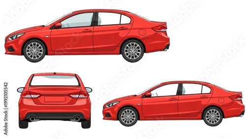 A vibrant red car illustration showcases three views on a white background