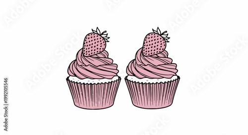 Two pink iced cupcakes topped with strawberries and served in fluted paper cups