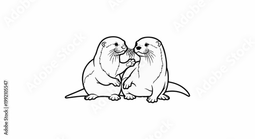 Two playful otters are shown in a line drawing, nose to nose