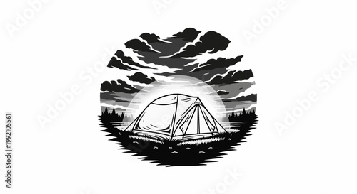 Tent setup by water under dramatic cloudy sky during sunrise or sunset