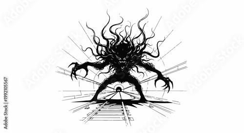 Terrifying creature with many tentacles emerges from a dark subway tunnel