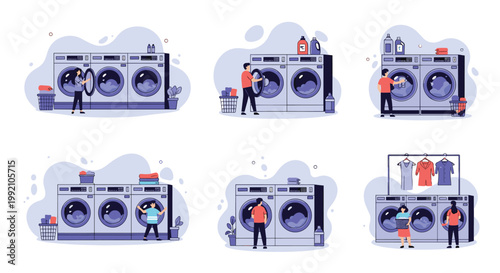 Set of characters using public laundry service for washing drying and folding clothes in different stages.
