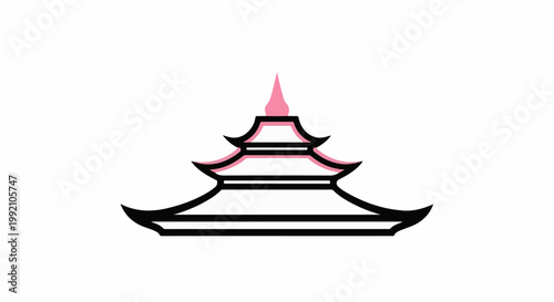 Stylized representation of a traditional pagoda with sweeping roof lines in black and pink