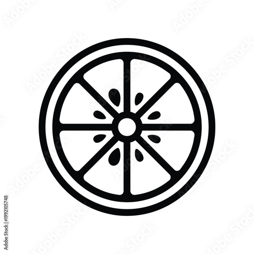 Citrus fruit slice showing segments and seeds as minimalist black and white line art vector illustration for healthy food and drink concepts isolated on white background for graphic design projects