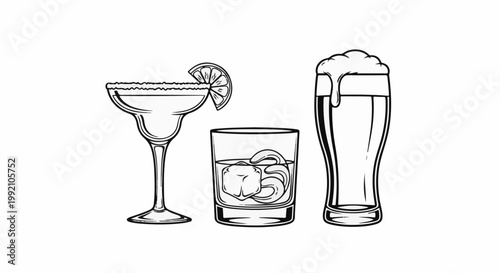 Three different glasses of alcoholic beverages, a margarita, whiskey on rocks, and beer