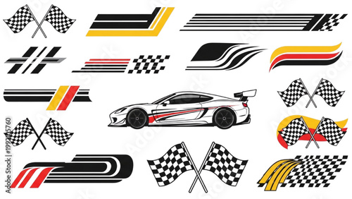 Racing car speeds past checkered flags and stripes on track