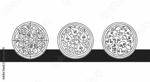 Three distinct illustrated pizzas one with pepperoni, one with pears and cheese, one with mushrooms