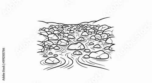 Stylized riverbed with many rocks under flowing water