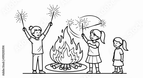 Three happy children joyfully celebrate around a crackling campfire with sparklers