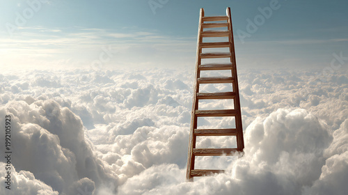 Wooden ladder rising above clouds into bright sky symbolizing success, opportunity, goals and spiritual growth. Inspirational concept for career progress, ambition, motivation and dream achievement.