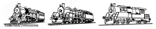 Train engine set with black line art on white background featuring locomotive, rail, tracks, engine, freight with simple and minimalist