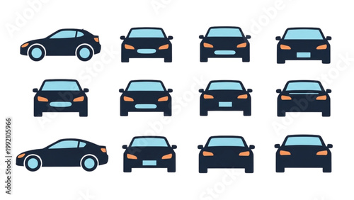 A collection of ten cars in various angles on a plain background