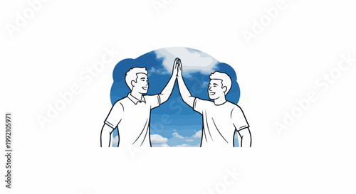 Two smiling men in outline style high-five against a blue sky backdrop