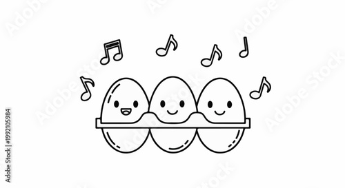 Three happy eggs in a carton singing with musical notes