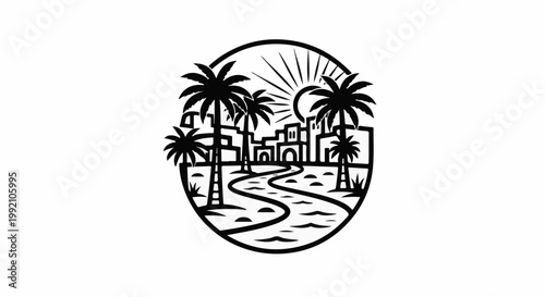 Stylized scene of palm trees, a winding river, and desert buildings under a radiant sun