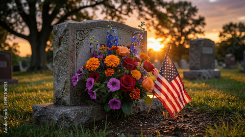 Flower arrangement and American flag on gravestone at sunset  