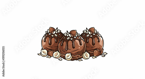 Three rich chocolate treats drizzled with dark ganache, topped with nuts