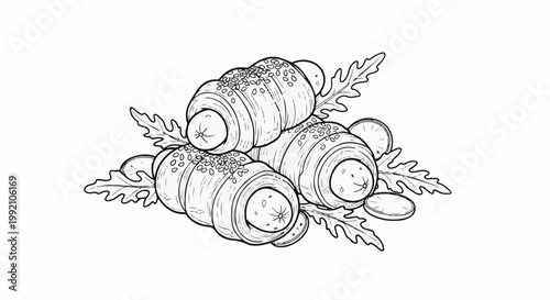 Three savory pastries filled with sausage, garnished with greens and citrus slices