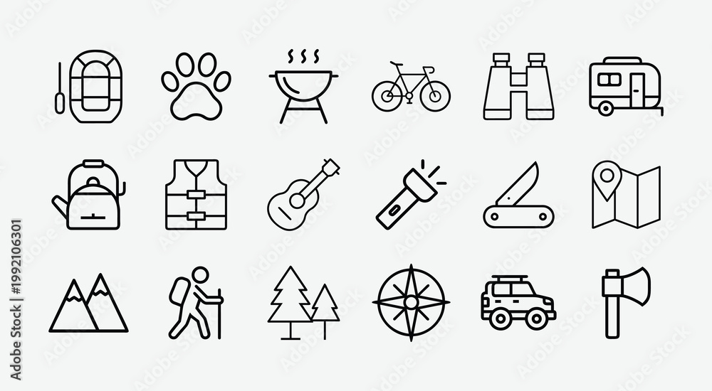 Fototapeta premium Camping and Outdoor Adventure Line Icon Set, Travel, Hiking, BBQ and Nature Outline Icons Collection