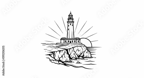 Towering lighthouse on a cliff overlooking the sea at sunrise, radiating light