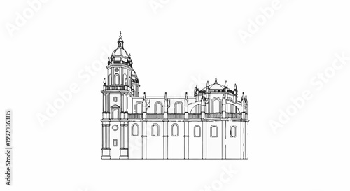 Stylized sketch of a grand cathedral with domes and arched windows