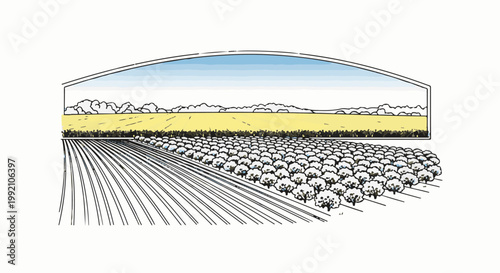 Under a curved roof, a field of fluffy white cotton plants awaits harvest