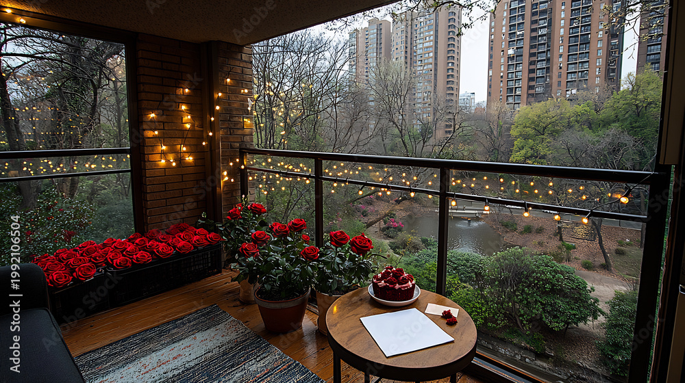 Fototapeta premium Balcony architecture interior with red roses string lights and dinner table setting overlooking cityscape and green foliage; outdoor date night mockup background.