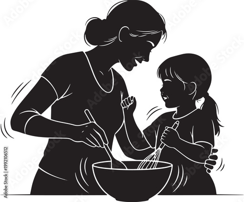 Mother and daughter baking together, mom teaching child cooking skills, family activity at home.