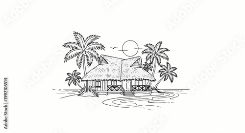 Tropical hut with palm trees and sun, sketch of island paradise scene