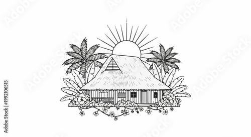Tropical hut with palm trees and blooming flowers under the sun