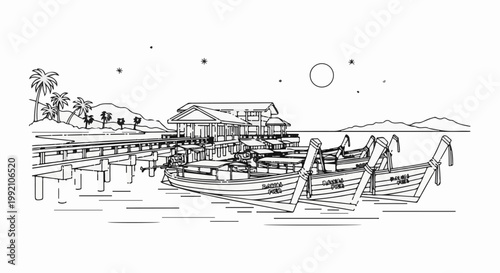 Tropical pier with boats and a seaside building under a starry sky