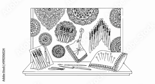 Various lacemaking tools and decorative mandalas displayed