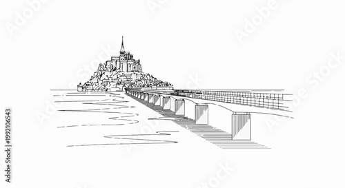 Stylized sketch of a tidal island abbey connected by a bridge