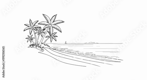 Stylized sketch of a tropical beach scene with palm trees and ocean