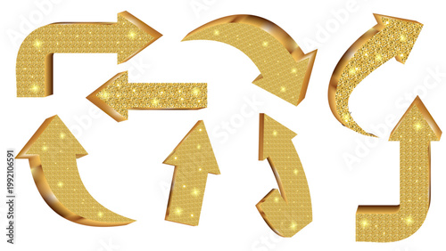 3D gold glitter arrows set, shiny golden sparkling pointers collection isolated on transparent background