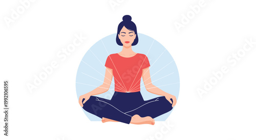 Calm woman practicing meditation and yoga in the lotus position with radiating energy lines behind her for mental wellness.