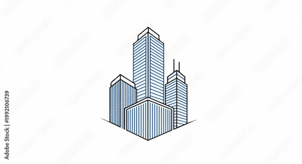 Fototapeta premium Stylized sketch of modern city skyscrapers with blue striped facades