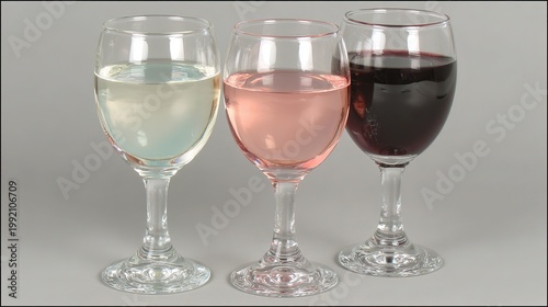 Wine tasting comparison photography, three wine glasses arranged in a row on a light gray background, white wine with bubbles, rosé, and red wine. 