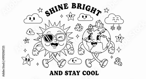 Two anthropomorphic celestial bodies, sun and earth, walk together