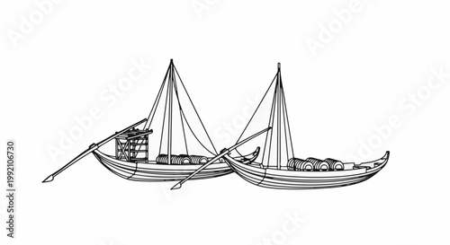 Two ancient sailboats laden with barrels, with masts and rigging