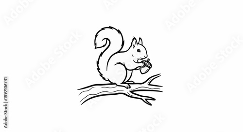 Stylized sketch of a squirrel holding an acorn on a tree branch