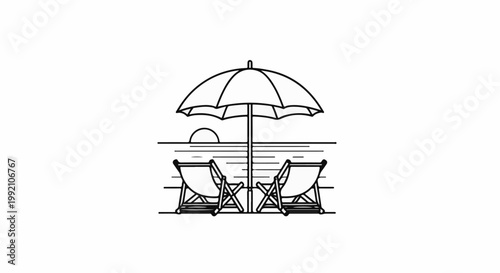 Two beach chairs under an umbrella face the ocean and setting sun