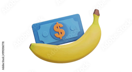 Vector illustration of 3d render of a yellow banana and a blue dollar bill money banknote on a transparent background