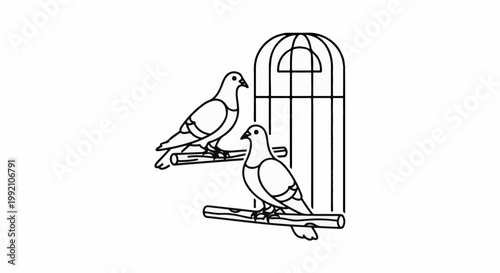 Two birds perched on branches near an empty birdcage