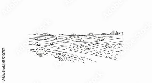 Stylized sketch of rolling farmland with scattered trees and distant hills