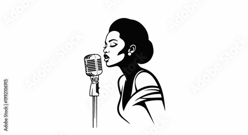 Vintage female vocalist sings into a retro microphone