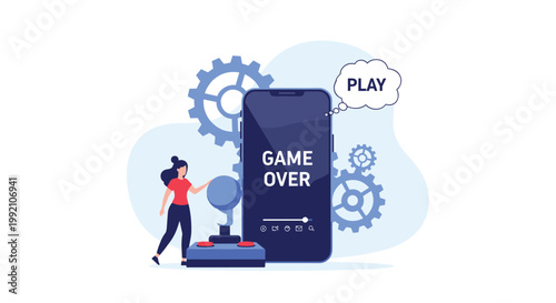Gaming concept illustration showing a woman next to a large smartphone with a game over screen and a retro style joystick.
