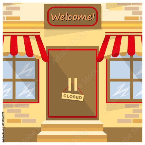 Small shop with a sign on the door - closed. Flet. Vector illustration