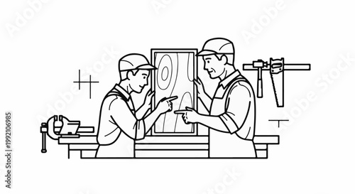 Two craftsmen examine a wooden plank, discussing its grain patterns and quality