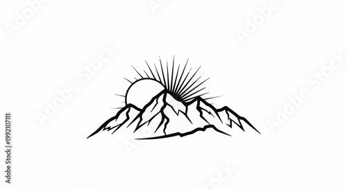 Stylized sun rises behind jagged mountain peaks in a minimalist design